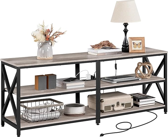 Yaheetech TV Stand with Power Outlet for 75 Inch TV, 3 Tiers TV Storage Cabinet Entertainment Center, Retro 63 Inch Long TV Console Table with Charging Station for Living Room, Gray - LeafyLoom