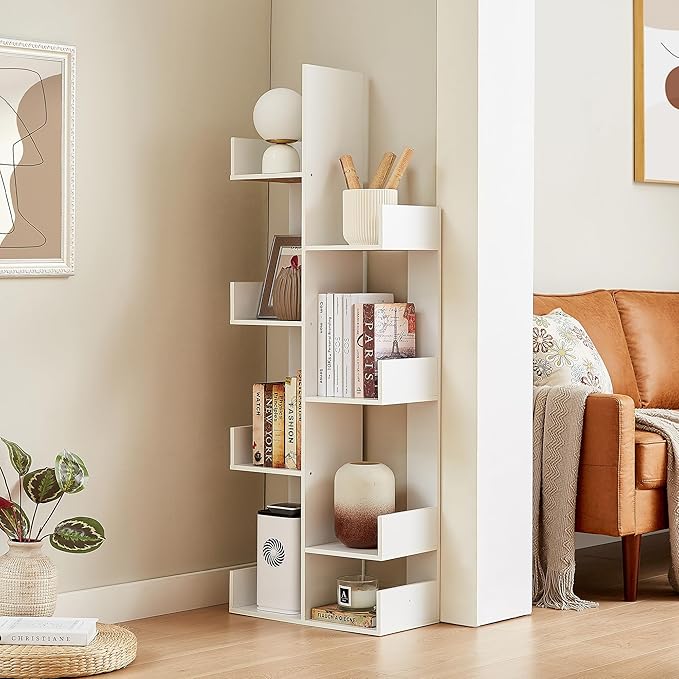 VECELO 8 Shelf Storage Tree Bookshelf,Wooden Book Display Shelves for CDs/Movies/Books, FreeStanding Geometric Tree-Shaped Bookcase Storgae Organizers for Home Office, Living Room,Bedroom,White - LeafyLoom