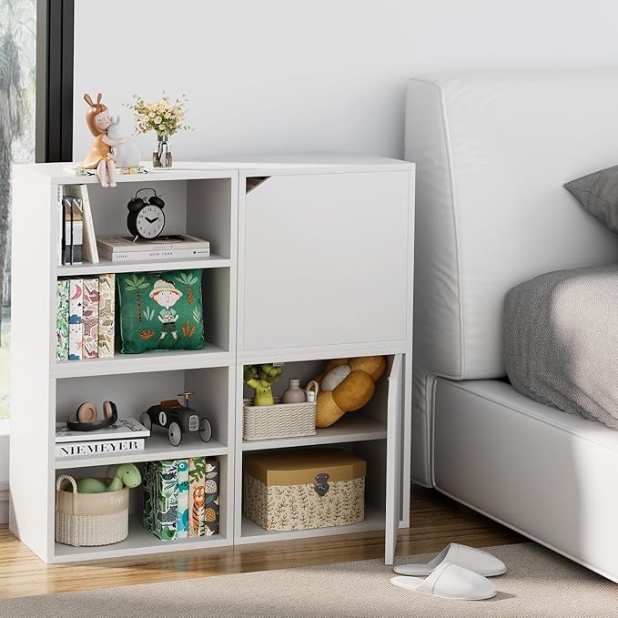 Storage Cube 2 Tires White Stackable Storage Shelf with Door, Cubby Organizer Wooden Display Shelf Closet Organizer,Modern Cubical Bookcase Small Storage Cabinet for Living Room Bedroom - LeafyLoom