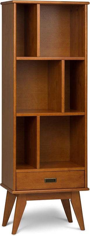 SIMPLIHOME Solid Hardwood 22 Inch Mid Century Bookcase, End Table and Storage Unit Bundle in Teak Brown, 6 Shelves and Drawer - LeafyLoom