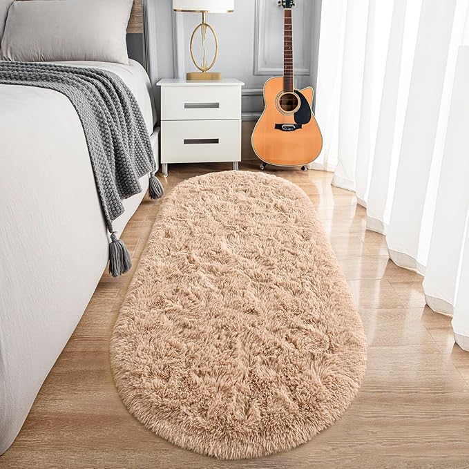 Noahas Ultra Soft Fluffy Bedroom Rugs,2.6' X 5.3' Oval Beige Fluffy Rugs for Bedroom,Small Throw Rugs, Kids Room Carpet Modern Shaggy Area Rugs Home Decor - LeafyLoom