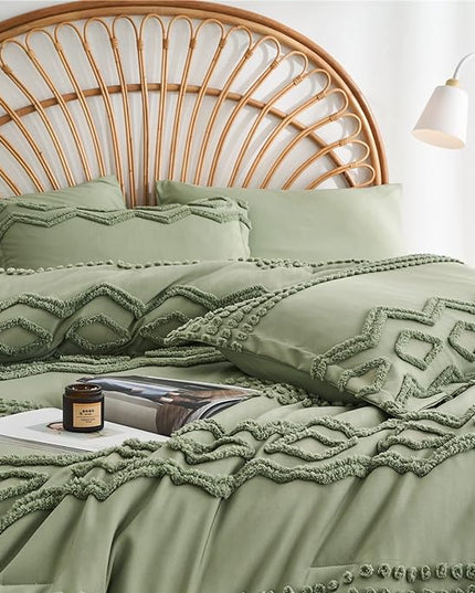 Sage Green Tufted Comforter Set King Size 7 Piece Bed in a Bag, Shabby Chic Boho Comforter and Sheet Set, Pom Pom Textured Bed Set, All Season Soft Microfiber Complete Bedding Set(Green,King) - LeafyLoom