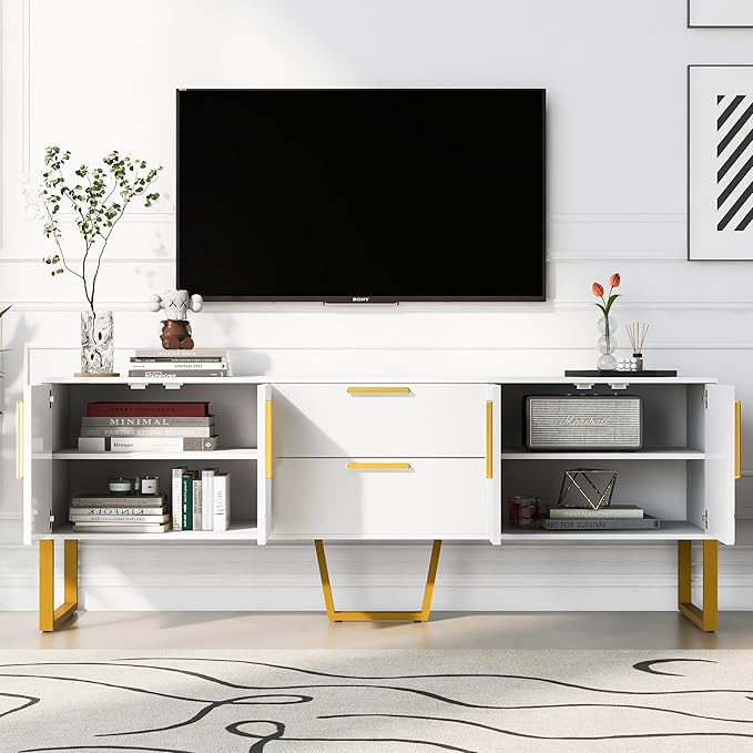 67" TV Stand with 2 Drawers and Cabinets, Modern Television Stands with Metal Legs and Handles for TVs up to 75 Inches, TV Console Table for Living room, White - LeafyLoom