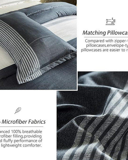 WONGS BEDDING Dark Grey Comforter Set Queen, Reversibl Grey Stripe Down Alternative Comforter for All Season,3 Pieces(1 Patchwork Comforter+2 Pillowcases), Soft Microfiber Bedding Set 90”×90” - LeafyLoom