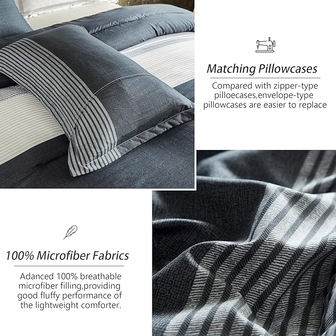 WONGS BEDDING Dark Grey Comforter Set Queen, Reversibl Grey Stripe Down Alternative Comforter for All Season,3 Pieces(1 Patchwork Comforter+2 Pillowcases), Soft Microfiber Bedding Set 90”×90” - LeafyLoom
