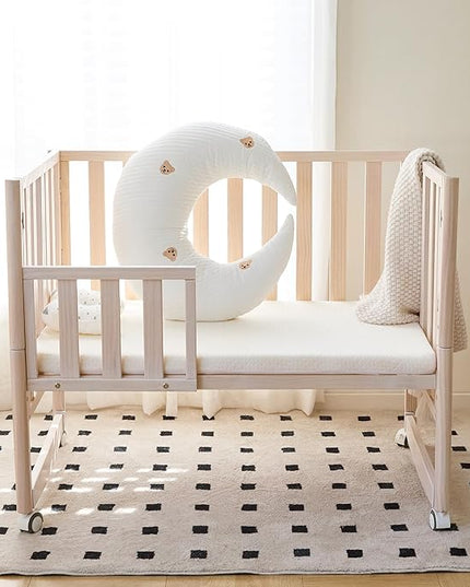 EvoNook 7-in-1 Convertible Mini Crib - Washed White, Portable Folding Baby Mini Crib with 1.5 Inch Mattress, 100% New Zealand Pinewood, 4 Adjustable Mattress Heights - LeafyLoom