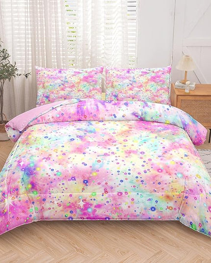 Pink Comforter Set for Girls, Bed in A Bag Twin Size, Purple Pink Tie Dye Pastel Comforter Set with Fitted Sheet and Flat Sheet - LeafyLoom