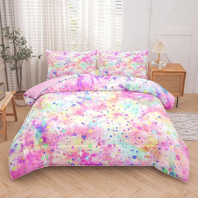 Pink Comforter Set for Girls, Bed in A Bag Twin Size, Purple Pink Tie Dye Pastel Comforter Set with Fitted Sheet and Flat Sheet - LeafyLoom
