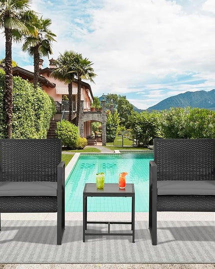 FDW 3 Piece Patio Furniture Sets Wicker Patio Chairs Rattan Outdoor Bistro Set Outdoor Furniture for Backyard Porch Poolside Lawn,Grey Cushion - LeafyLoom