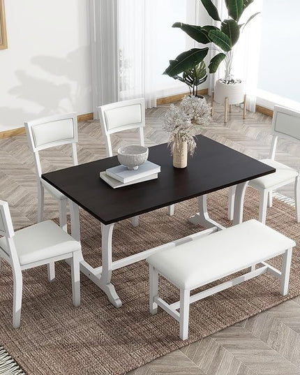 Dining Table Set for 6, Farmhouse 6-Piece Trestle Dining Room Table Set with Upholstered Dining Chairs and Bench, Kitchen Table Set for Dining Room, White - LeafyLoom
