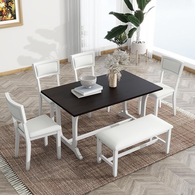 Dining Table Set for 6, Farmhouse 6-Piece Trestle Dining Room Table Set with Upholstered Dining Chairs and Bench, Kitchen Table Set for Dining Room, White - LeafyLoom