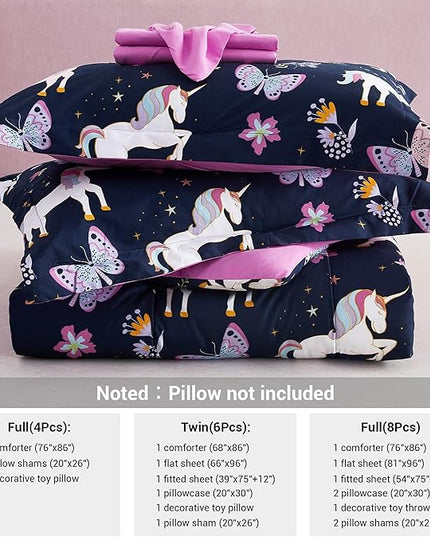 Mooreeke Kids Comforter Bed Set Twin Size for Girls, 6 Pieces Bed in a Bag with Shams, Sheet Set, Purple Pink Unicorn Twin Soft Microfiber Kids Comforter Bedding Set - LeafyLoom