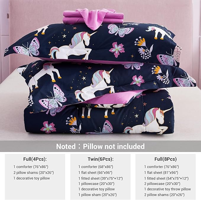 Mooreeke Kids Comforter Bed Set Twin Size for Girls, 6 Pieces Bed in a Bag with Shams, Sheet Set, Purple Pink Unicorn Twin Soft Microfiber Kids Comforter Bedding Set - LeafyLoom