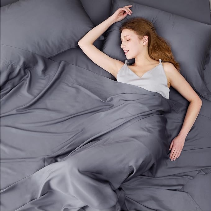 Bedsure King Size Sheet Set, Cooling Sheets King, Rayon Derived from Bamboo, Deep Pocket Up to 16", Breathable & Soft Bed Sheets, Hotel Luxury Silky Bedding Sheets & Pillowcases, Dark Grey - LeafyLoom