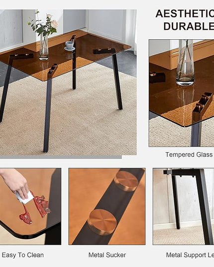 NicBex Modern Minimalist Style Rectangular Tea Brown Glass Dining Table Tempered Glass Tabletop and Black Metal Legs Suitable for Kitchen, Dining Room and Living Room, Dark Brown - LeafyLoom