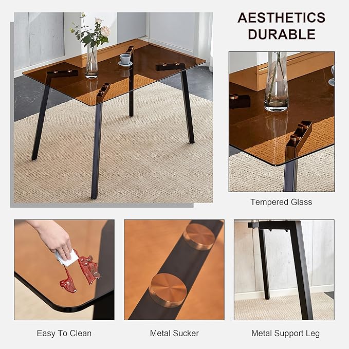 NicBex Modern Minimalist Style Rectangular Tea Brown Glass Dining Table Tempered Glass Tabletop and Black Metal Legs Suitable for Kitchen, Dining Room and Living Room, Dark Brown - LeafyLoom