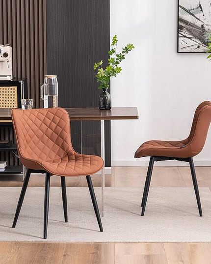 YOUTASTE Coffee Brown Dining Chairs Set of 2 Mid Century Modern PU Leather Diamond Upholstered Accent Guest Dinner Chair with Back Metal Legs for Kitchen Living Reception Waiting Room - LeafyLoom