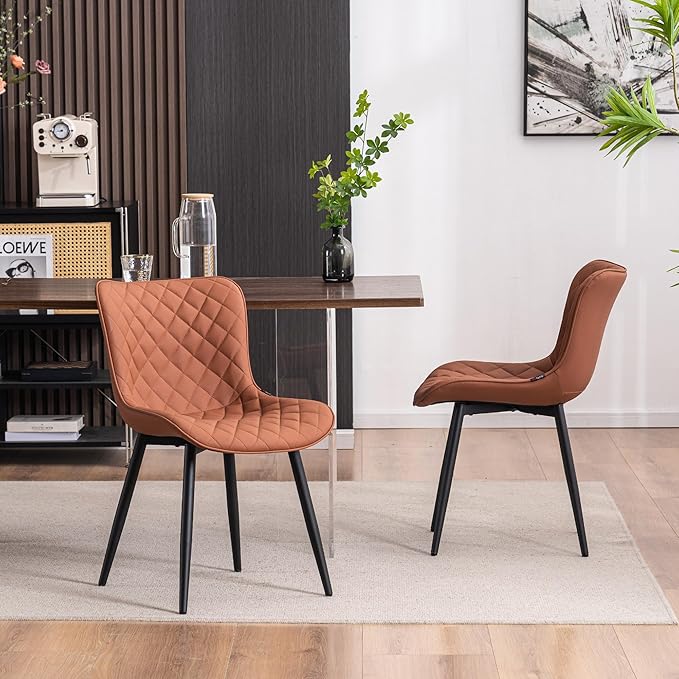 YOUTASTE Coffee Brown Dining Chairs Set of 2 Mid Century Modern PU Leather Diamond Upholstered Accent Guest Dinner Chair with Back Metal Legs for Kitchen Living Reception Waiting Room - LeafyLoom