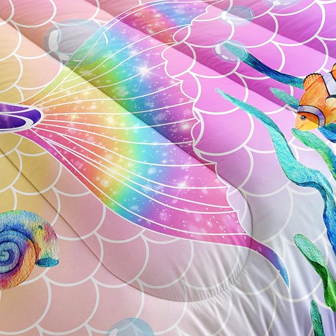 Bedding Comforter Set Rainbow Pink Mermaid Tail Printed Pattern Quilt with 1 and 2 Pillowcases for Girls Bedroom All Season(Rainbow Twin) Twin 68x86inches - LeafyLoom