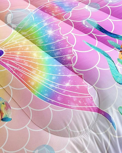 Datura home Bedding Comforter Set Rainbow Pink Mermaid Tail Printed Pattern Quilt with 1 and 2 Pillowcases for Girls Bedroom All Season(Rainbow Queen) Queen 90x90inches - LeafyLoom