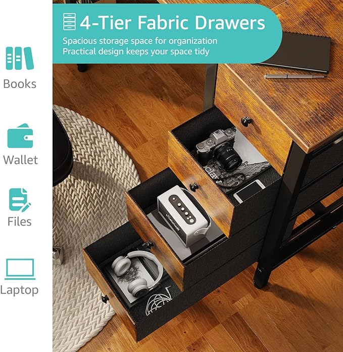 Lufeiya 47 inch Computer Desk with 4 Drawers & Storage Shelves, Writing Work Study Desk for Home Office Bedroom, Modern Simple Student PC Desks Table, Rustic Brown - LeafyLoom