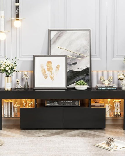 YESHOMY Modern LED TV Stand for Televisions up to 70 Inch with Glass Shelves and Drawer, Gaming Entertainment Center with Multiple Dynamic RGB Modes, for Livingroom, Bedroom, 60 Inch, Black - LeafyLoom
