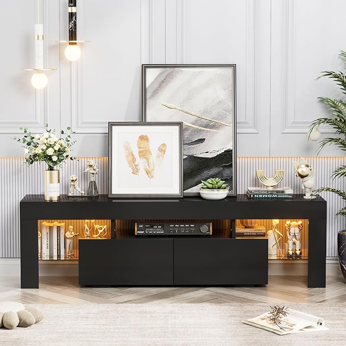 YESHOMY Modern LED TV Stand for Televisions up to 70 Inch with Glass Shelves and Drawer, Gaming Entertainment Center with Multiple Dynamic RGB Modes, for Livingroom, Bedroom, 60 Inch, Black - LeafyLoom