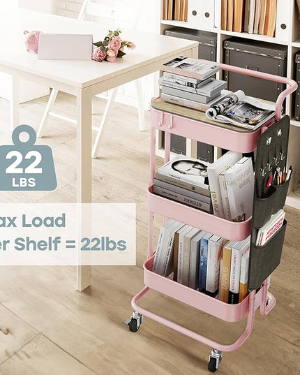 DTK 3 Tier Metal Utility Rolling Cart with Table Top and Side Bags, Metal Tray Storage Organizer Cart with Wheels, Art Craft Cart with 4 Hooks for Kitchen Bathroom Office Living Room (Pink) - LeafyLoom