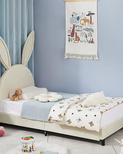 VECELO Kids Twin Size Platform bed Frame with Upholstered Headboard, Princess Beds for Girls, 12 Wooden Slats Support, No Boxing Spring Needed,Beige - LeafyLoom
