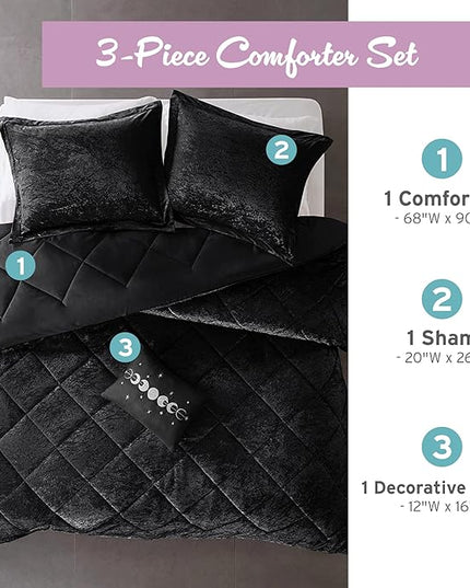 Intelligent Design Twin Comforter Set, Velvet Comforter Set , Luxury Diamond Quilting Comforter Set, Fluffy Comforter Bed Set with Decorative Pillowand 1 Sham, 3 Piece Black, Twin/Twin XL - LeafyLoom