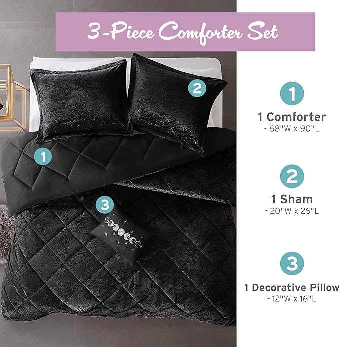 Intelligent Design Twin Comforter Set, Velvet Comforter Set , Luxury Diamond Quilting Comforter Set, Fluffy Comforter Bed Set with Decorative Pillowand 1 Sham, 3 Piece Black, Twin/Twin XL - LeafyLoom