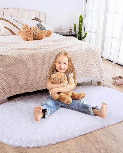 Merelax Soft Shaggy Rug for Kids Bedroom, Oval 2.6'x5.3' White Plush Fluffy Carpets for Living Room, Furry Carpet for Teen Girls Room, Anti-skid Fuzzy Comfy Rug for Nursery Decor Cute Baby Play Mat - LeafyLoom