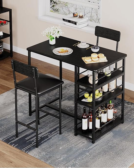 GAOMON Dining Table Set for 2, Kitchen Table and Chairs for 2 with Upholstered Chairs, 3 Piece Counter Height Bar Kitchen Table Set with 3 Storage Shelves for Small Space, Apartment, Rustic Black - LeafyLoom