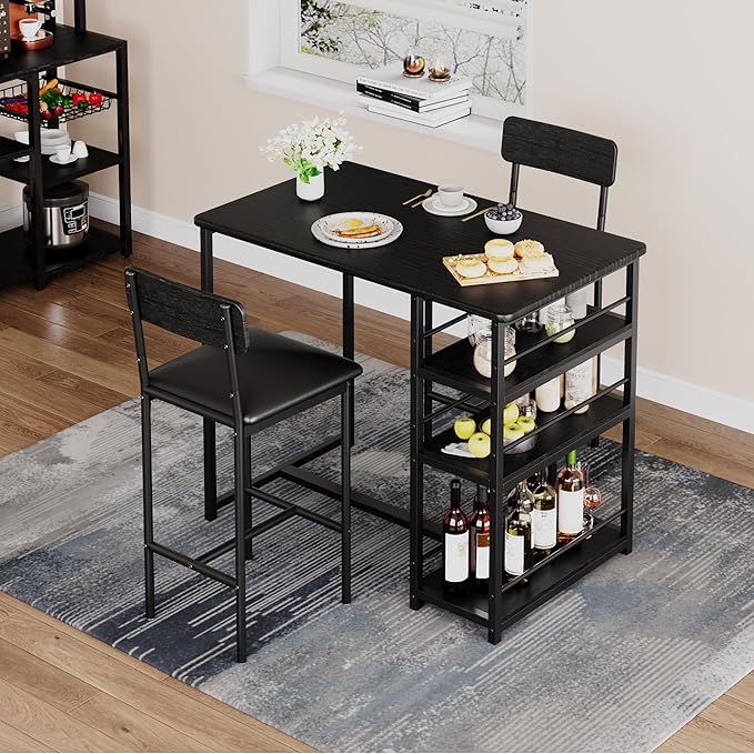 GAOMON Dining Table Set for 2, Kitchen Table and Chairs for 2 with Upholstered Chairs, 3 Piece Counter Height Bar Kitchen Table Set with 3 Storage Shelves for Small Space, Apartment, Rustic Black - LeafyLoom