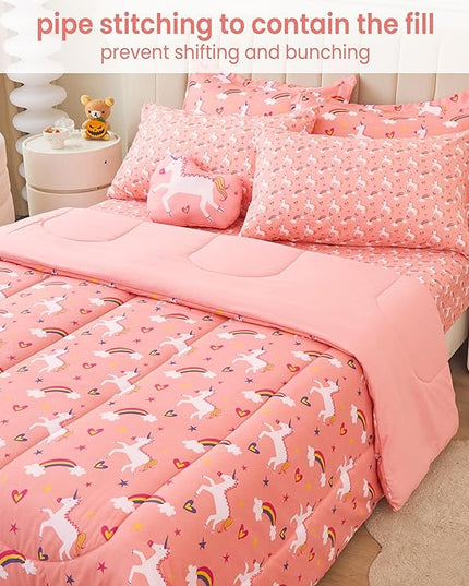 Mooreeke Twin Size Comforter Sets for Girls Kids, 6 Pieces Bed in a Bag Pink Unicorn Rainbow Bedding Comforter Sheet Set with Shams and Decorative Toy Pillow, Ultral Soft Microfiber Kids Bed Set - LeafyLoom