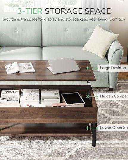 Novilla Lift Top Coffee Table with Storage 40 Inch Wood Lift Up Center Table for Living Room Tea Table with Hidden Compartment Rising Tabletop Table Cocktail Table, Walnut - LeafyLoom