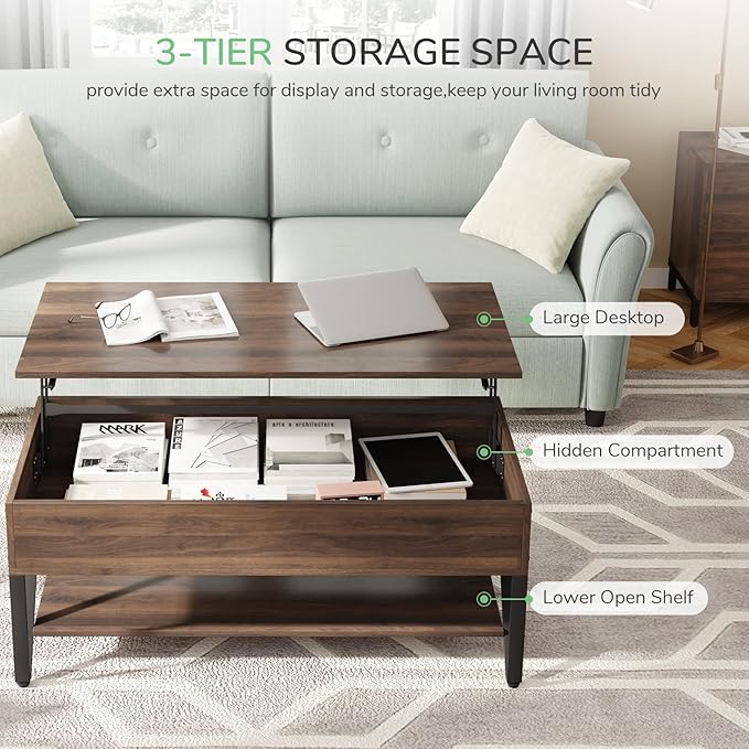 Novilla Lift Top Coffee Table with Storage 40 Inch Wood Lift Up Center Table for Living Room Tea Table with Hidden Compartment Rising Tabletop Table Cocktail Table, Walnut - LeafyLoom