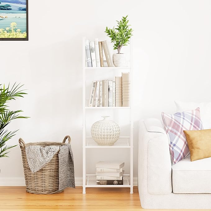 Bookshelf Storage Shelf Small Bookcase Freestanding Storage Stand for Living Room Bedroom, Kitchen, Rust Resistance, Easy Assembly Free Combination Multi-Functional Organizer (4 Tiers, White) - LeafyLoom