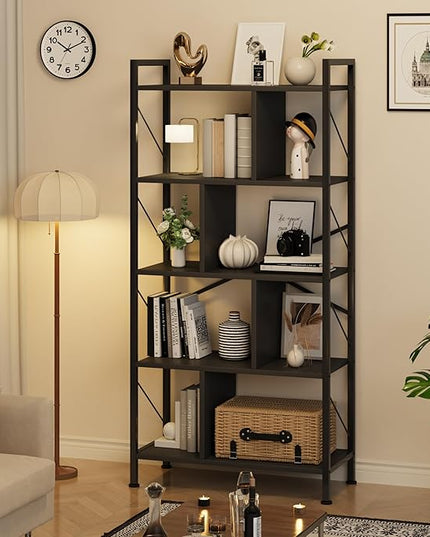5 Tier Bookshelf with Storage, 61 Inch Tall Industrial Book Shelf with Open Display Bookshelves, 5 Shelf Bookcase with Metal Frame for Living Room, Bedroom and Home Office-Black - LeafyLoom
