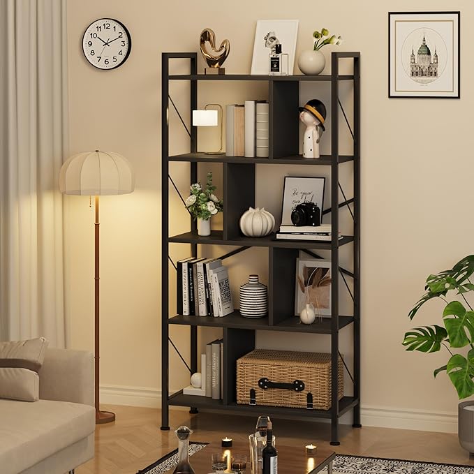 5 Tier Bookshelf with Storage, 61 Inch Tall Industrial Book Shelf with Open Display Bookshelves, 5 Shelf Bookcase with Metal Frame for Living Room, Bedroom and Home Office-Black - LeafyLoom