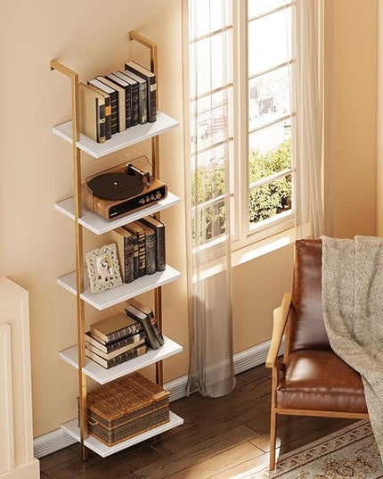 SUPERJARE 5-Tier Bookshelf, Narrow Book Shelf Set of 2, Open Wall-Mounted Ladder Shelf with Metal Frame, Display Bookcase for Home Office, Bedroom, White & Gold - LeafyLoom
