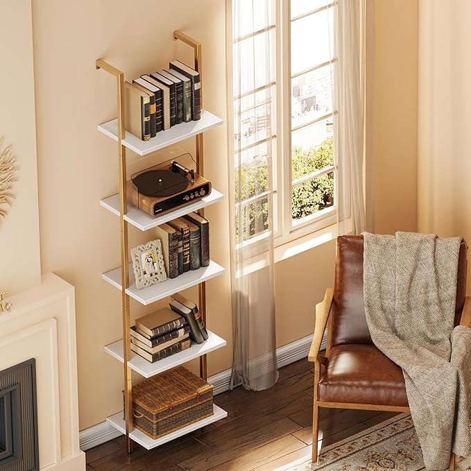 SUPERJARE 5-Tier Bookshelf, Narrow Book Shelf Set of 2, Open Wall-Mounted Ladder Shelf with Metal Frame, Display Bookcase for Home Office, Bedroom, White & Gold - LeafyLoom