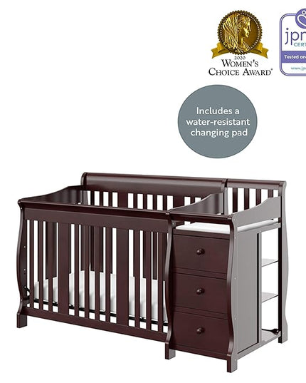 Storkcraft Portofino 5-in-1 Convertible Crib and Changer (Espresso) – Crib and Changing -Table Combo with 3 Drawers, Includes Baby Changing Pad, Converts to Full-Size Bed - LeafyLoom