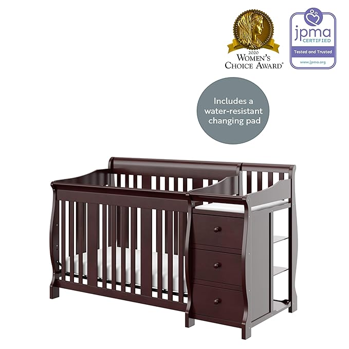 Storkcraft Portofino 5-in-1 Convertible Crib and Changer (Espresso) – Crib and Changing -Table Combo with 3 Drawers, Includes Baby Changing Pad, Converts to Full-Size Bed - LeafyLoom