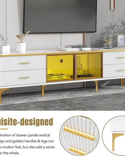Merax Stylish LED TV Stand for Televisions Up to 78'', Entertainment Center with Brown Glass Storage Cabinet, Marble-veined Table Top, Golden Legs & Handles for Living Room, White - LeafyLoom