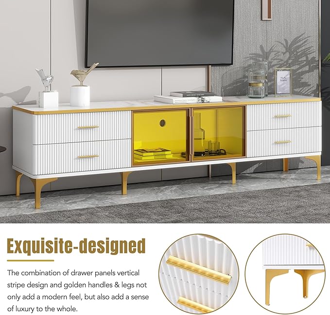 Merax Stylish LED TV Stand for Televisions Up to 78'', Entertainment Center with Brown Glass Storage Cabinet, Marble-veined Table Top, Golden Legs & Handles for Living Room, White - LeafyLoom