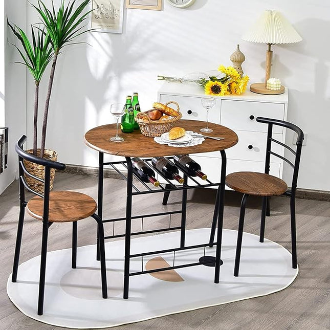FANTASK 3 Piece Dining Table Set, Compact Table and 2 Chairs Set, w/Metal Frame and Storage Shelf, Breakfast Table Set for Apartment Kitchen Dining Room Cafe (Black & Brown) - LeafyLoom