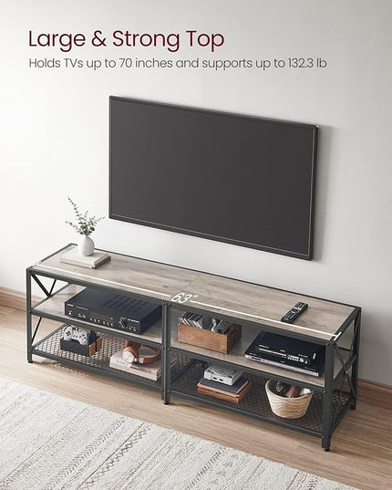 VASAGLE TV Stand, TV Console for TVs Up to 70 Inches, TV Table, 63 Inches Width, TV Cabinet with Storage Shelves, Steel Frame, for Living Room, Bedroom, Greige and Black ULTV095B02 - LeafyLoom