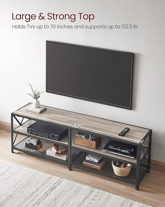 VASAGLE TV Stand, TV Console for TVs Up to 70 Inches, TV Table, 63 Inches Width, TV Cabinet with Storage Shelves, Steel Frame, for Living Room, Bedroom, Greige and Black ULTV095B02 - LeafyLoom