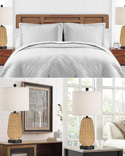 Touch Control Rattan Table Lamps, 3 Way Dimmable Bedside Lamps for Bedroom Set of 2 with 2 USB Ports and AC Outlet, Grass Rope Nightstand Lamps for Living Room Office (2 LED Bulbs Included) - LeafyLoom